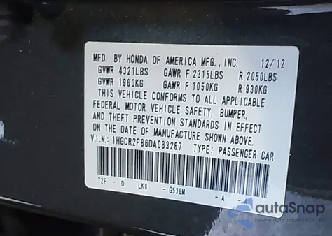 2013 Honda Accord Ex-L из США, поврежденный, VIN 1HGCR2F86DA083267